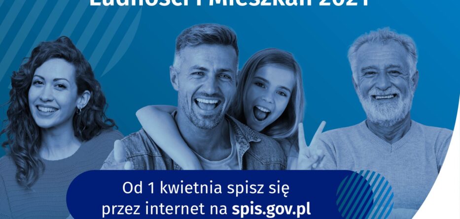 Banner informacyjny o Narodowym Spisie Powszechnym, osoby na niebieskim tle, napis "wejdź na spis.gov.pl i spisz się! Spis trwa od 1 kwietnia",